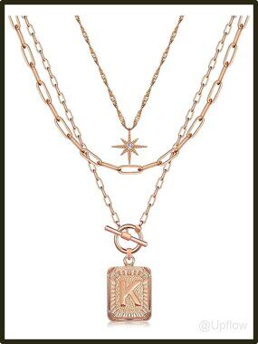 14K White Gold Plated Layered Initial Necklace Set Letter K 3 Paperclip Chains